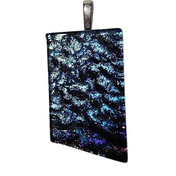 Dichroic Glass Pendant Rectangular Blue Iridescent Silver Bail Handmade Jewelry - Picture 1 of 5